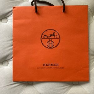 HERMES paper bag, authentic medium size square designer gift bag, iconic orange